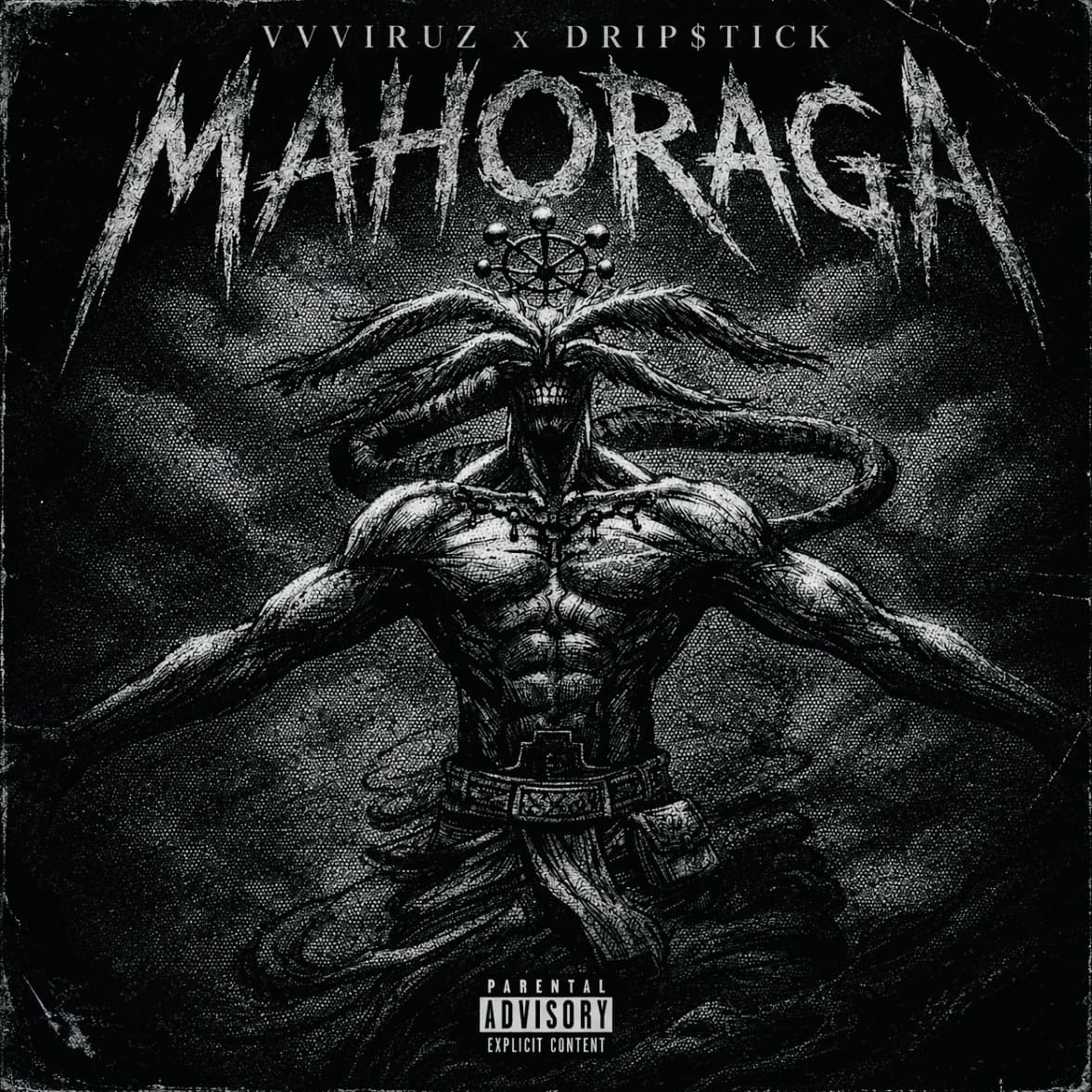 Black-and-white engraved-style cover art showing a towering Mahoraga-inspired figure looming in darkness, with “VVVIRUZ x DRIPSTICK” above the title “MAHORAGA.