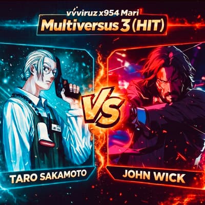 Cover art for HIT by vvviruz feat. 954Mari, showing a cinematic John Wick vs. Taro Sakamoto assassin battle theme with dark action-inspired visuals.
