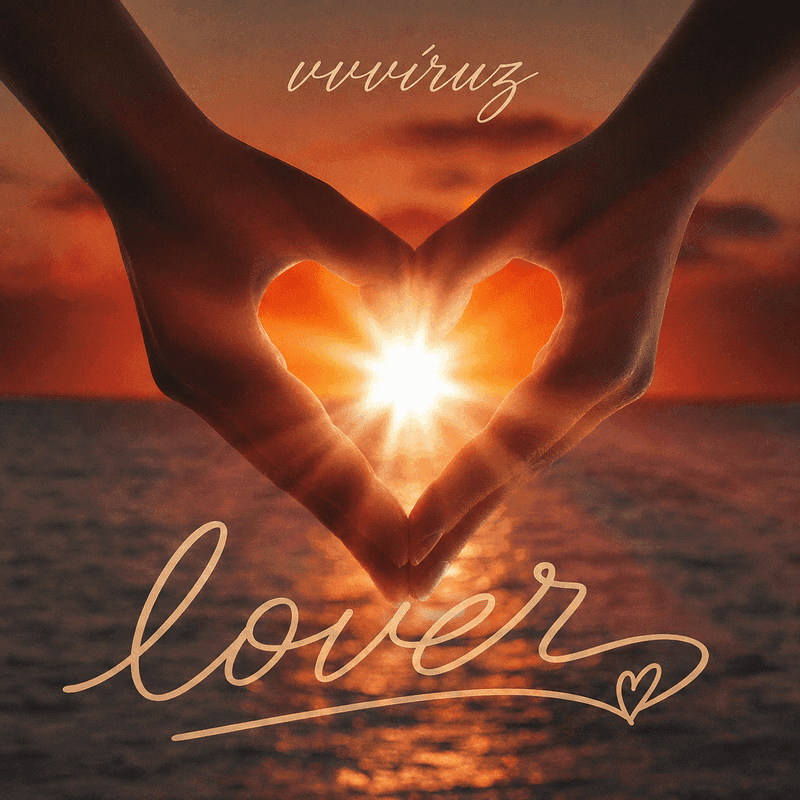 Album cover for "Lover" by vvviruz featuring two hands forming a heart around a glowing sunset over the ocean with elegant handwritten typography.