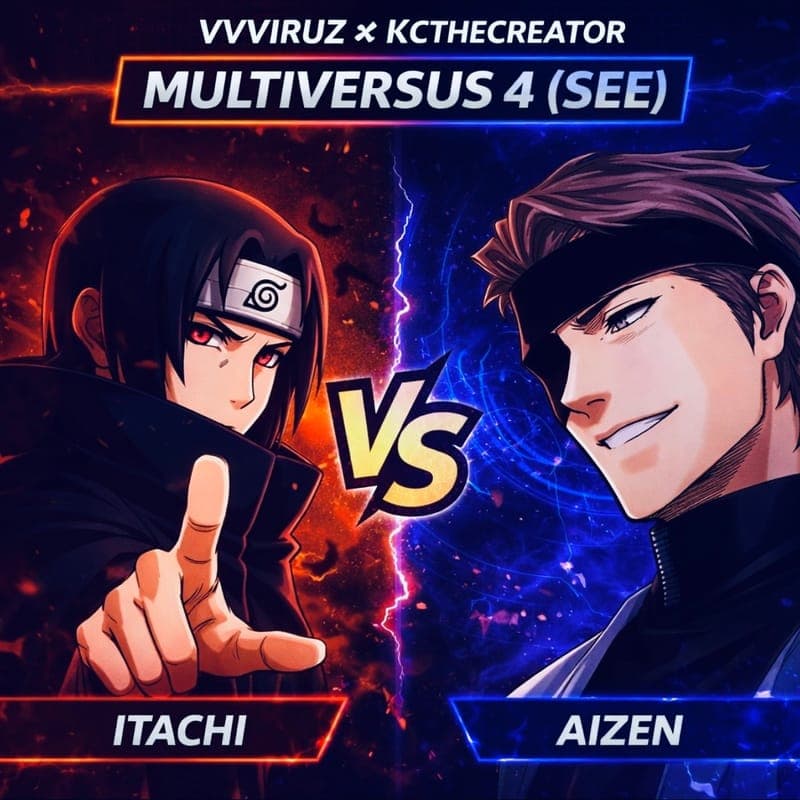 Cover art for Multiversus 4: SEE featuring Itachi Uchiha and Sosuke Aizen facing each other across a glowing purple versus divide with crimson and indigo backgrounds.