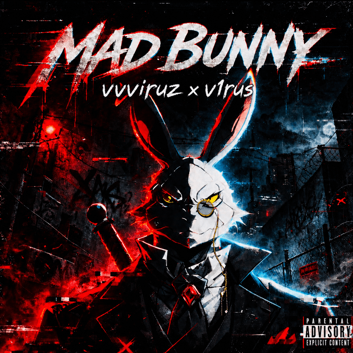 Dark cyberpunk cover art for “Mad Bunny” by vvviruz featuring chaotic Devil May Cry-inspired imagery and apocalyptic energy.